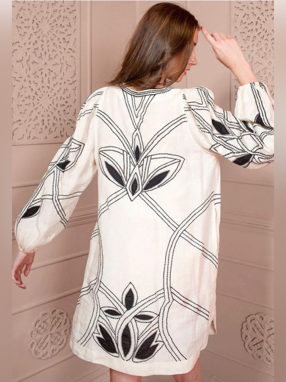 Scarlett Poppies Embroidered Ivory Tunic Dress with Black Floral Motif - Picture 2 of 12